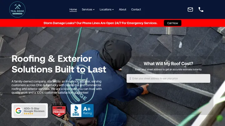 Teal Ridge Roofing home page on desktop