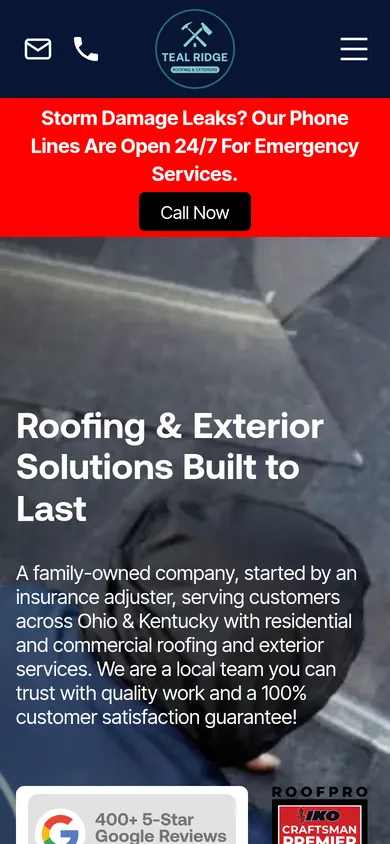 Teal Ridge Roofing home page on a phone